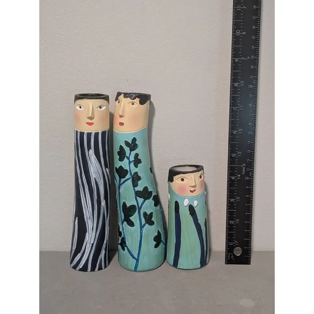 Set of 3 Bohemian Spring Family Resin Face Bud Vases Whimsical Boho Decor